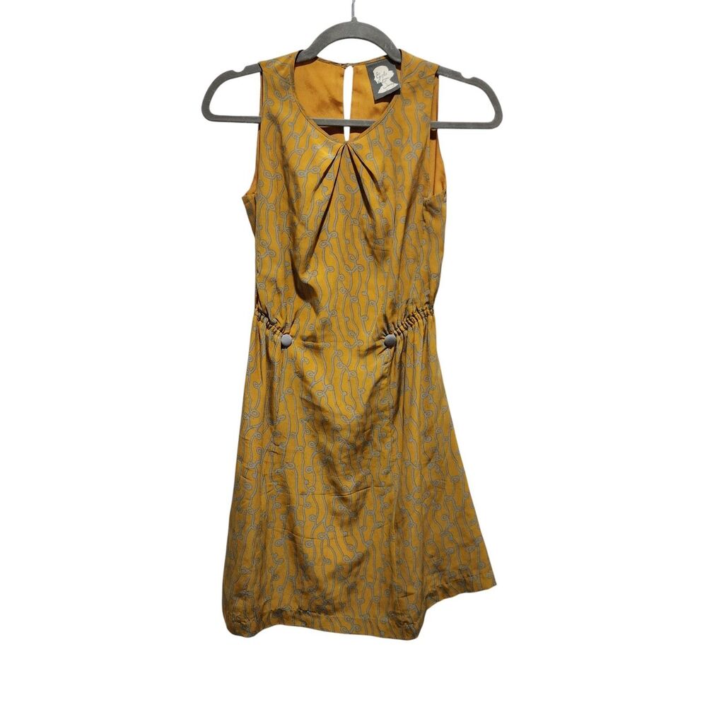 Girls‎ from Savoy Mustard Yellow Sleeveless Dress XS 0 Retro Print Cinched Waist